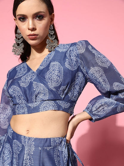 Women Blue Paisley Wrap Crop Top With Anarkali Skirt