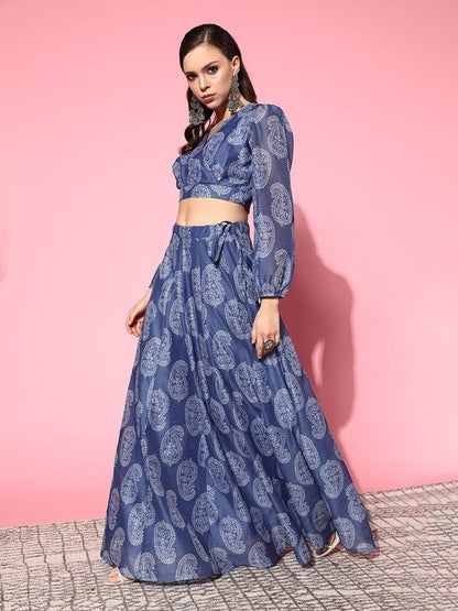 Women Blue Paisley Wrap Crop Top With Anarkali Skirt