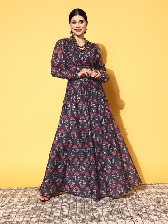 Women's Women Navy Floral Wrap Crop Top With Anarkali Skirt in Cotton by Shae for wholesale, bulk, supplier, manufacturer and wholesaler buyers from Trendphoria