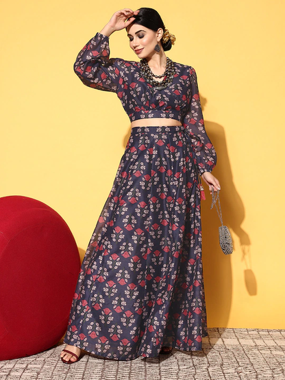 Women Navy Floral Wrap Crop Top With Anarkali Skirt