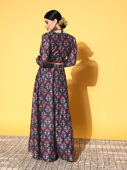 Women Navy Floral Wrap Crop Top With Anarkali Skirt