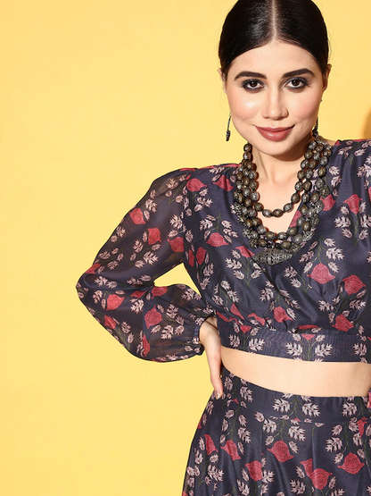 Women Navy Floral Wrap Crop Top With Anarkali Skirt