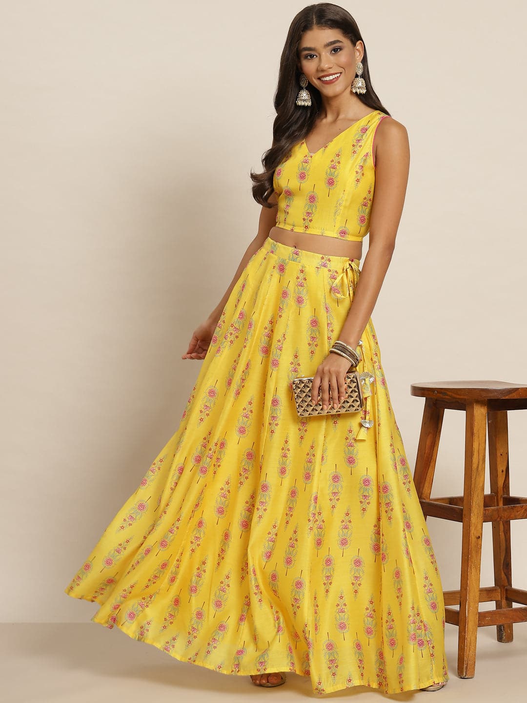 Women Yellow Chanderi Floral Crop Top With Aanrkali Skirt-Lehenga Choli Set-SASSAFRAS