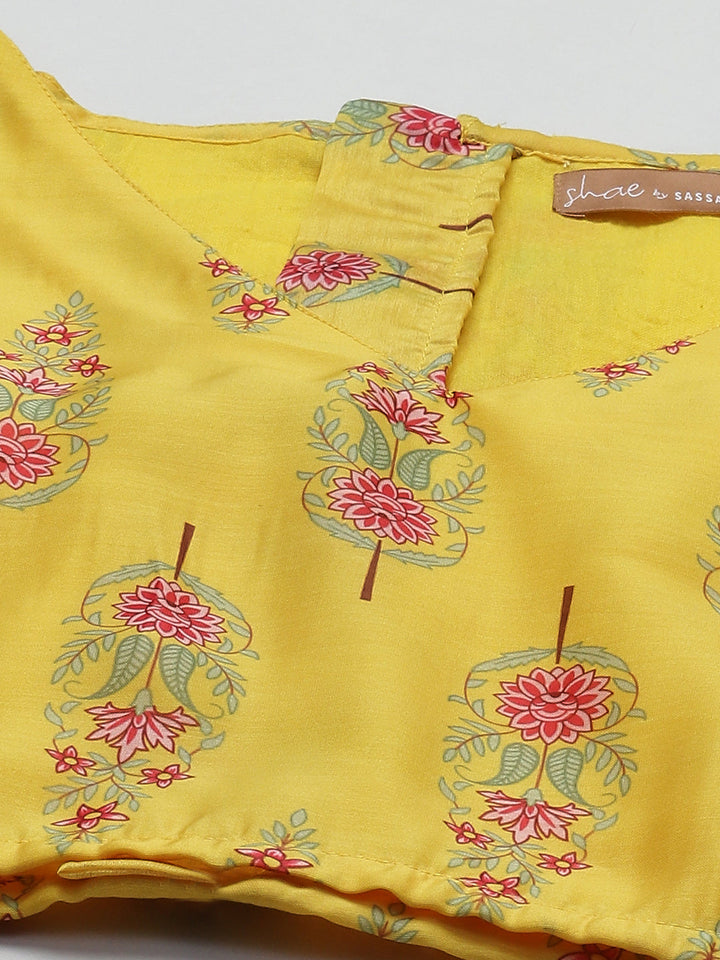Women Yellow Chanderi Floral Crop Top With Anarkali Skirt