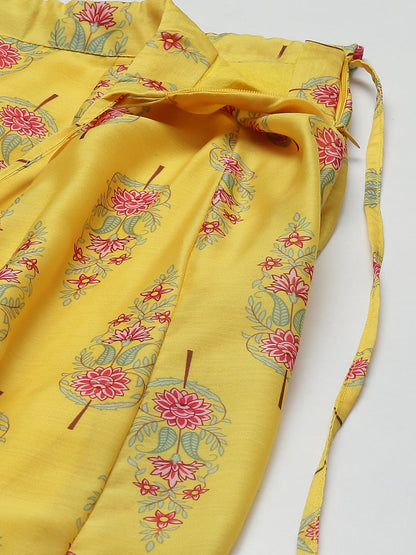 Women Yellow Chanderi Floral Crop Top With Anarkali Skirt