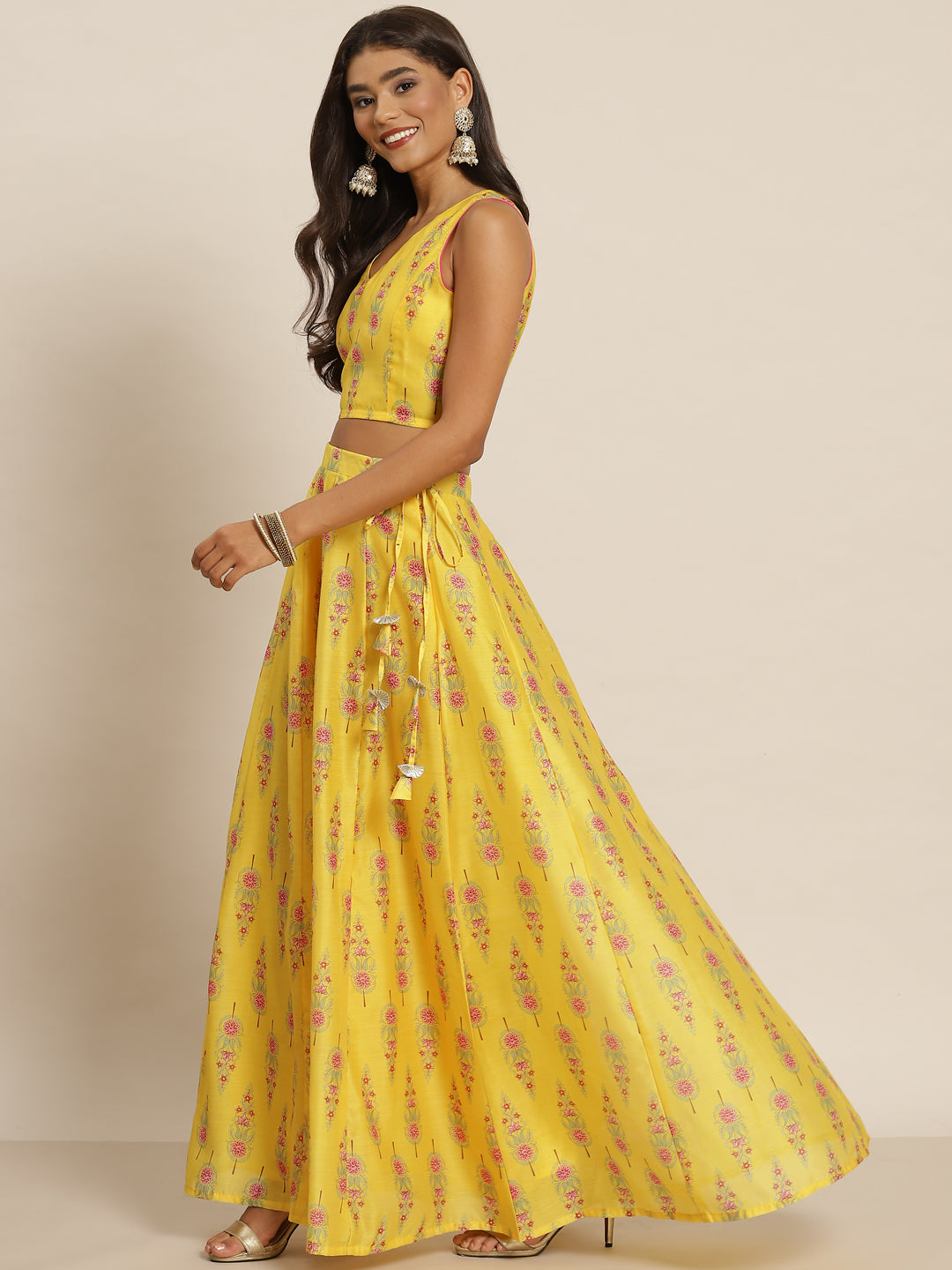 Women Yellow Chanderi Floral Crop Top With Anarkali Skirt