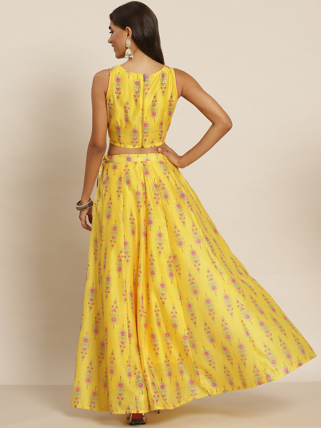 Women Yellow Chanderi Floral Crop Top With Anarkali Skirt