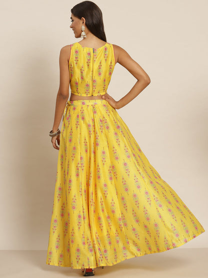 Women Yellow Chanderi Floral Crop Top With Anarkali Skirt