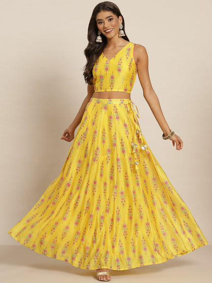 Women Yellow Chanderi Floral Crop Top With Anarkali Skirt