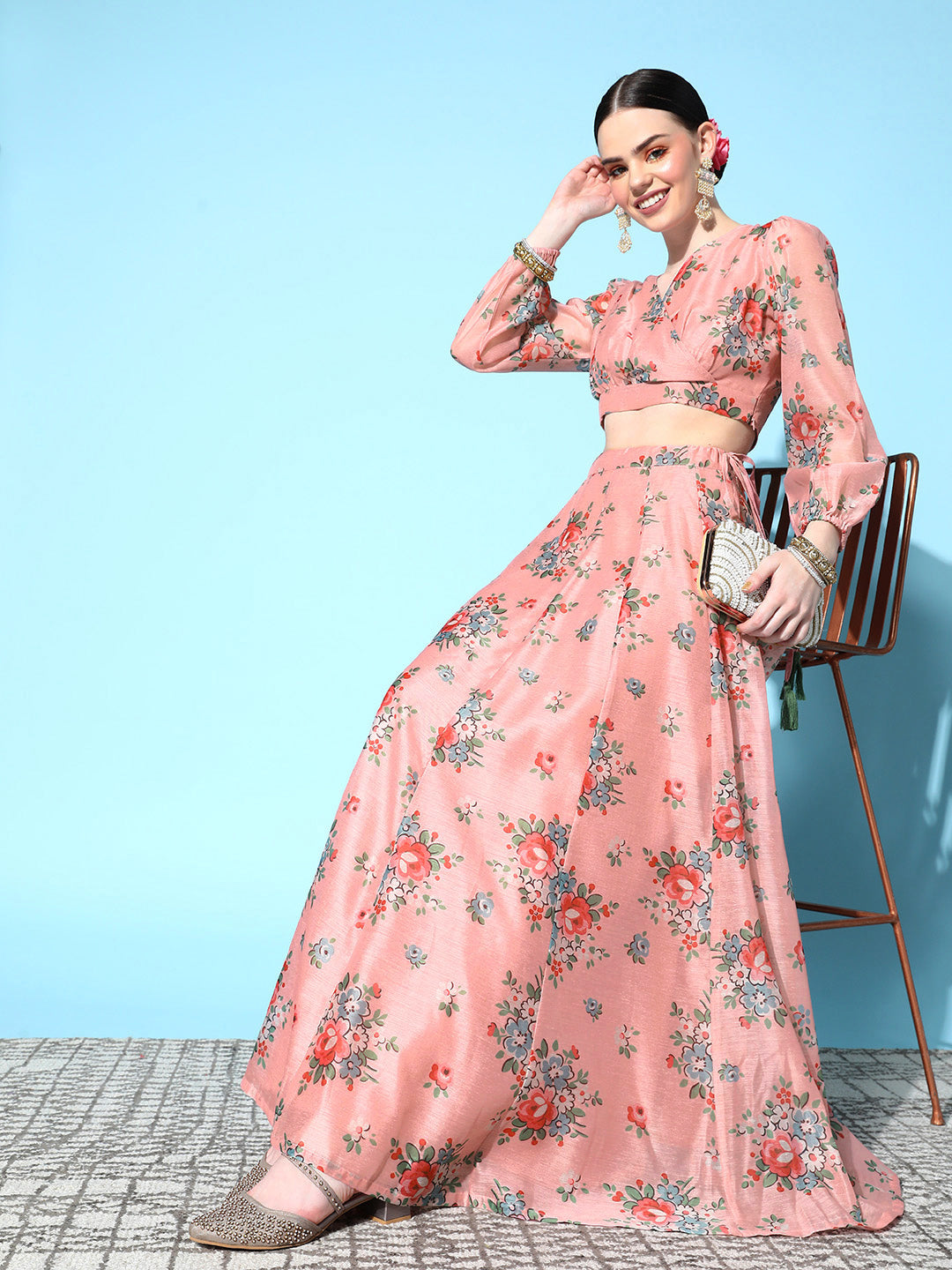 Women's Women Peach Floral Wrap Crop Top With Anarkali Skirt in Cotton by Shae for wholesale, bulk, supplier, manufacturer and wholesaler buyers from Trendphoria
