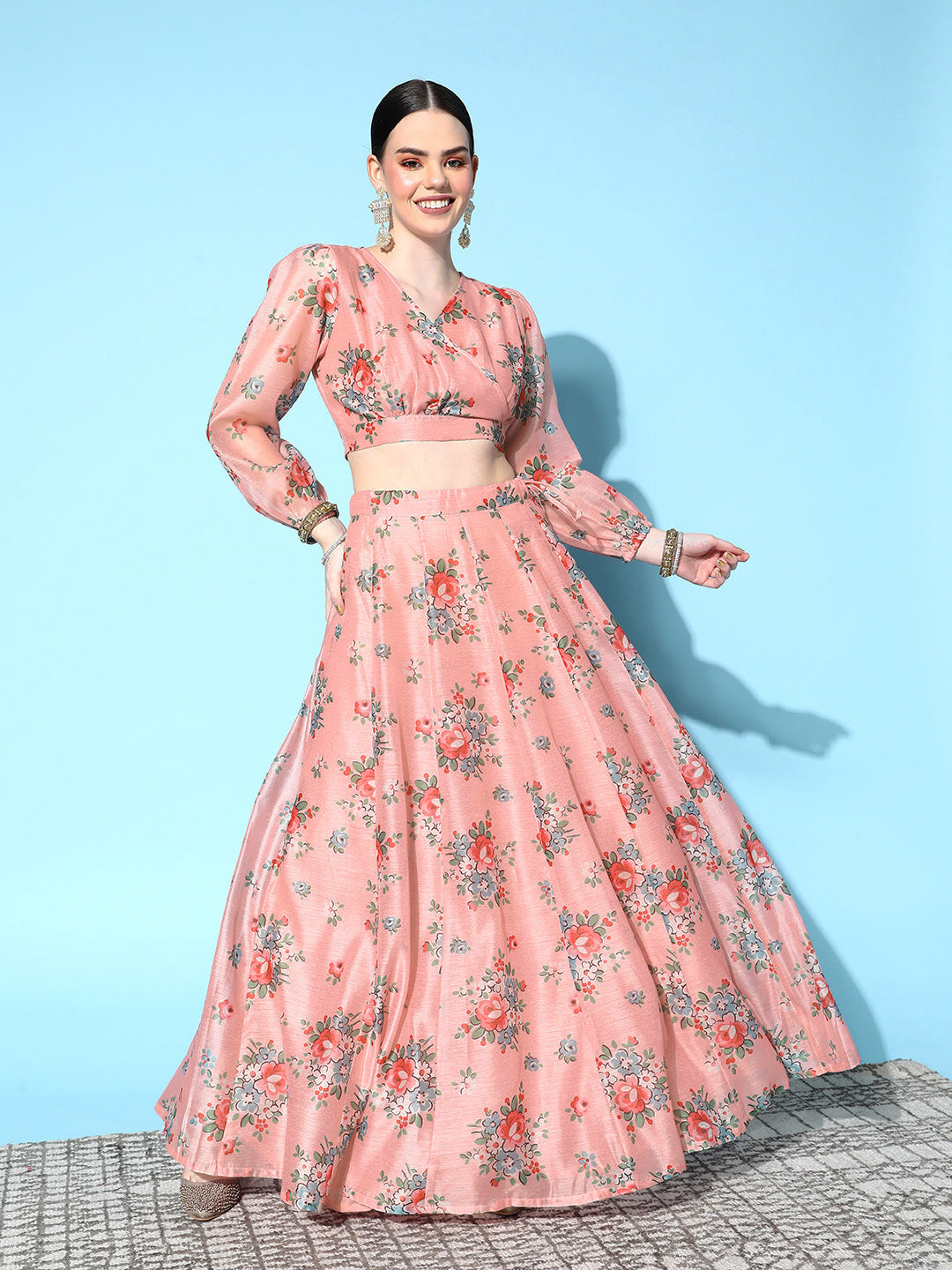 Peach Floral Wrap Crop Top With Anarkali Skirt -Shae by SASSAFRAS