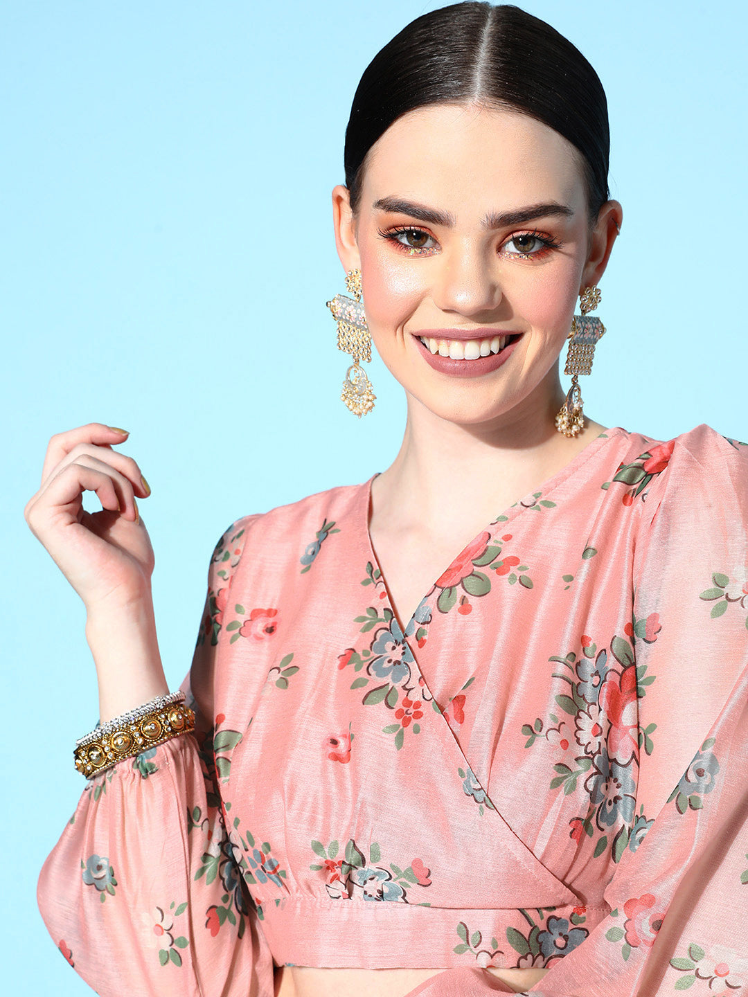 Peach Floral Wrap Crop Top With Anarkali Skirt -Shae by SASSAFRAS