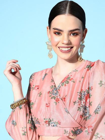 Peach Floral Wrap Crop Top With Anarkali Skirt -Shae by SASSAFRAS