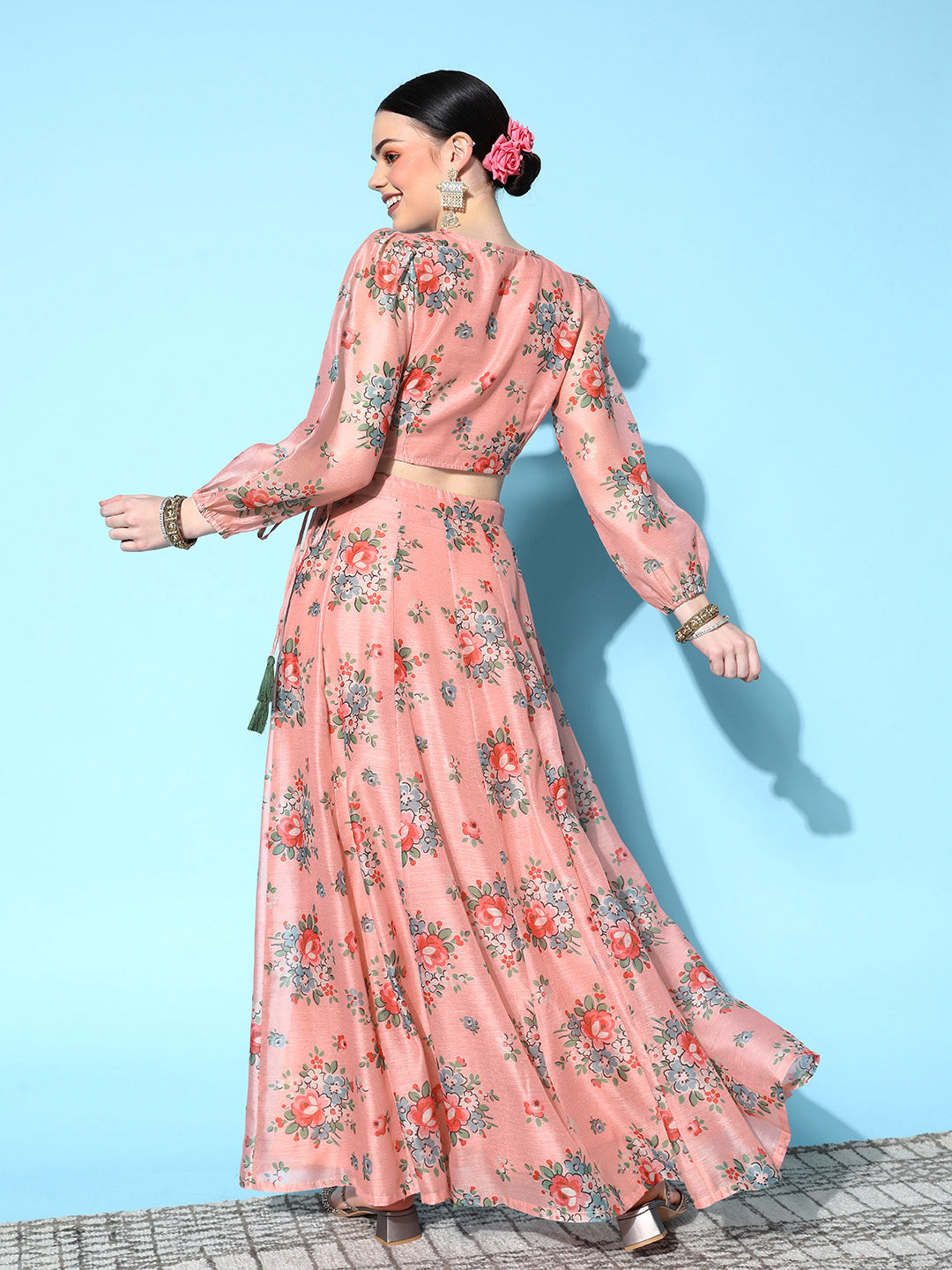 Peach Floral Wrap Crop Top With Anarkali Skirt -Shae by SASSAFRAS