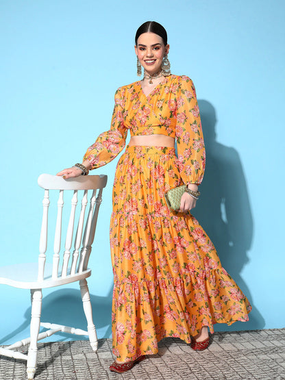 Yellow Floral Wrap Crop Top With Tiered Skirt -Shae by SASSAFRAS