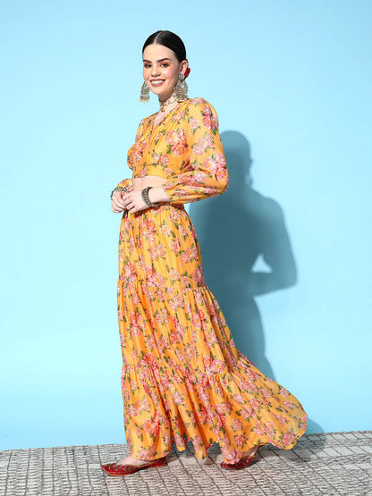 Yellow Floral Wrap Crop Top With Tiered Skirt -Shae by SASSAFRAS