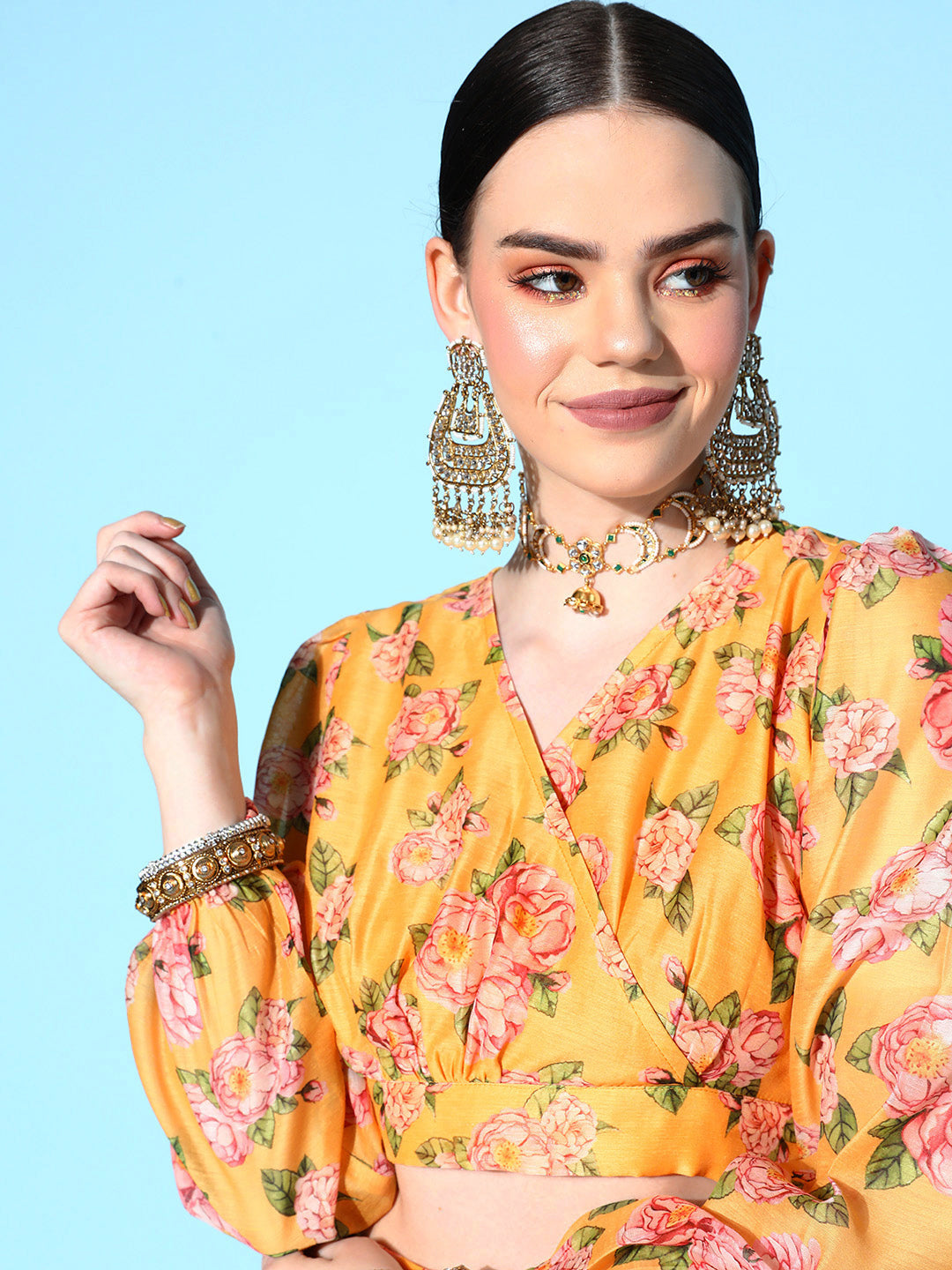 Yellow Floral Wrap Crop Top With Tiered Skirt -Shae by SASSAFRAS