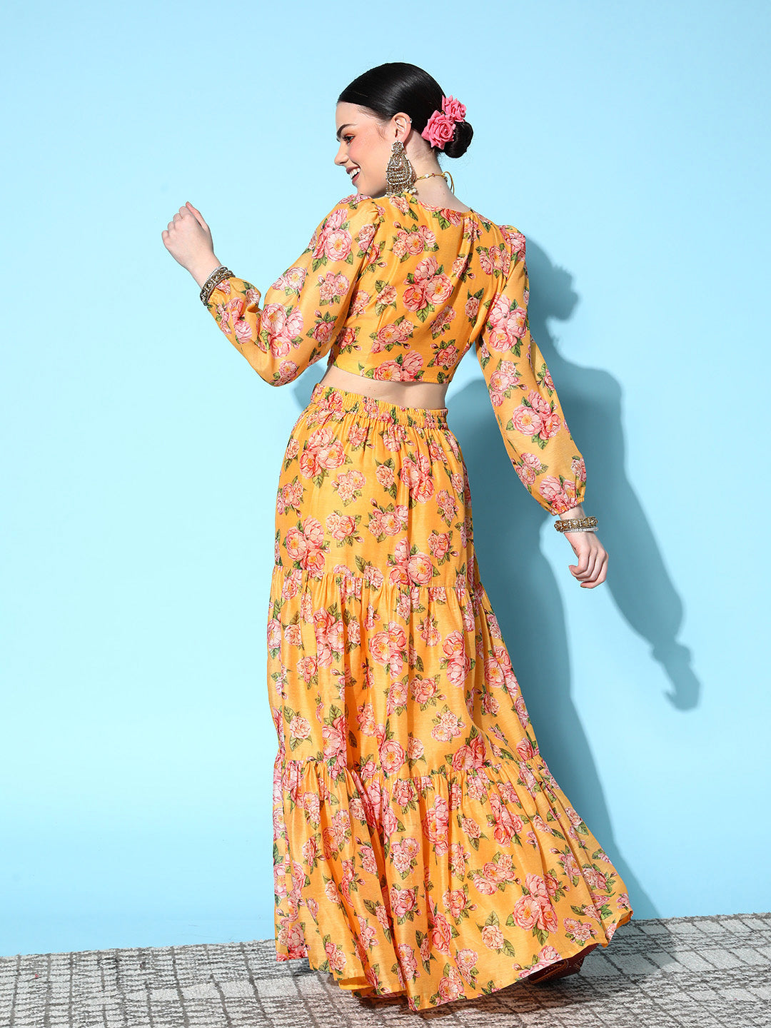 Yellow Floral Wrap Crop Top With Tiered Skirt -Shae by SASSAFRAS