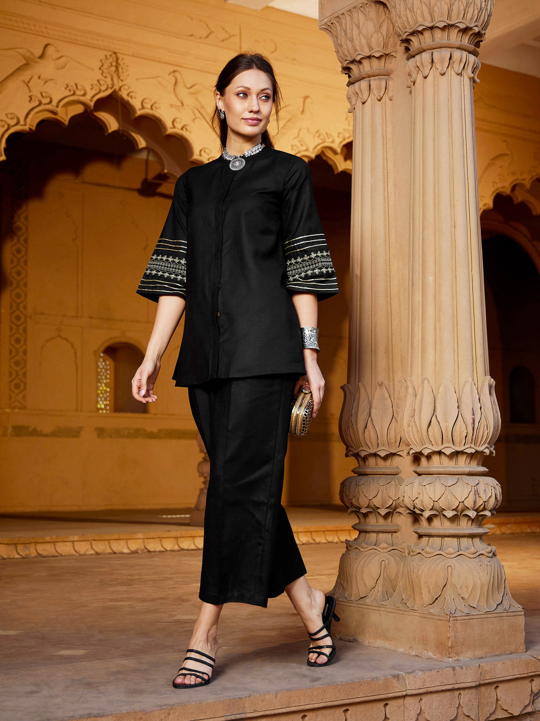 Women's Women Black Embroidered Sleeve Shirt Kurti With Palazzos in Poly Viscose by Shae for wholesale, bulk, supplier, manufacturer and wholesaler buyers from Trendphoria