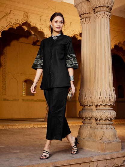Women Black Embroidered Sleeve Shirt Kurti With Palazzos