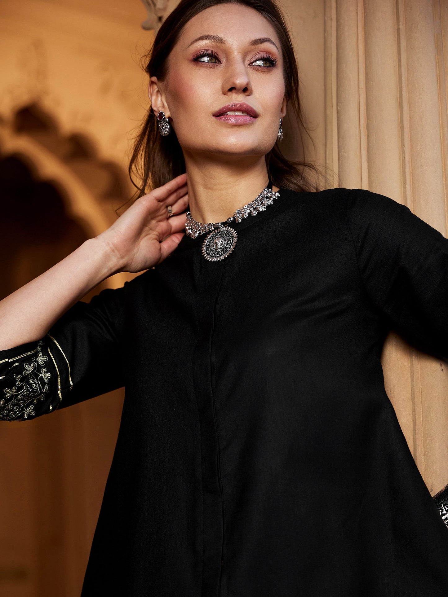 Women Black Embroidered Sleeve Shirt Kurti With Palazzos