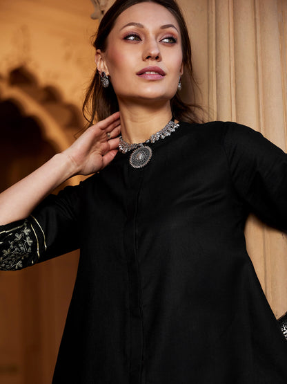 Women Black Embroidered Sleeve Shirt Kurti With Palazzos