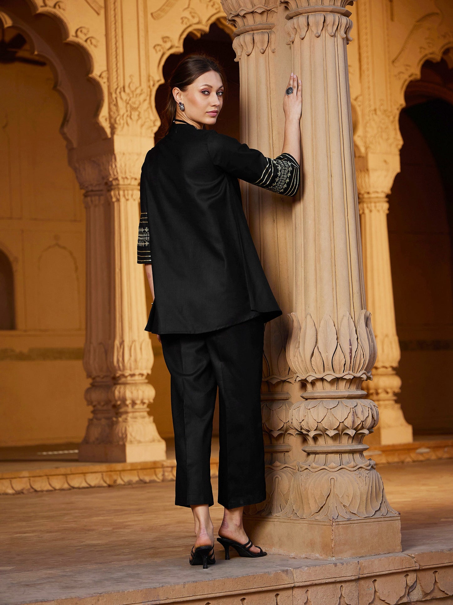 Women Black Embroidered Sleeve Shirt Kurti With Palazzos