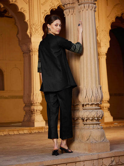 Women Black Embroidered Sleeve Shirt Kurti With Palazzos