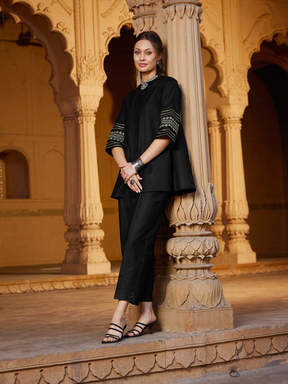 Women Black Embroidered Sleeve Shirt Kurti With Palazzos