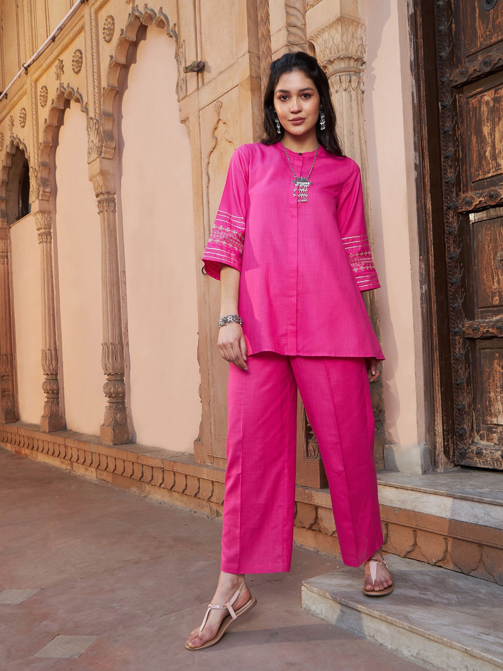 Fuchsia Embroidered Sleeve Shirt Kurti With Palazzos-Shae by SASSAFRAS