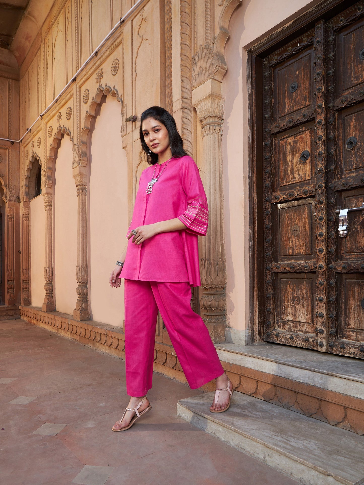 Fuchsia Embroidered Sleeve Shirt Kurti With Palazzos-Shae by SASSAFRAS