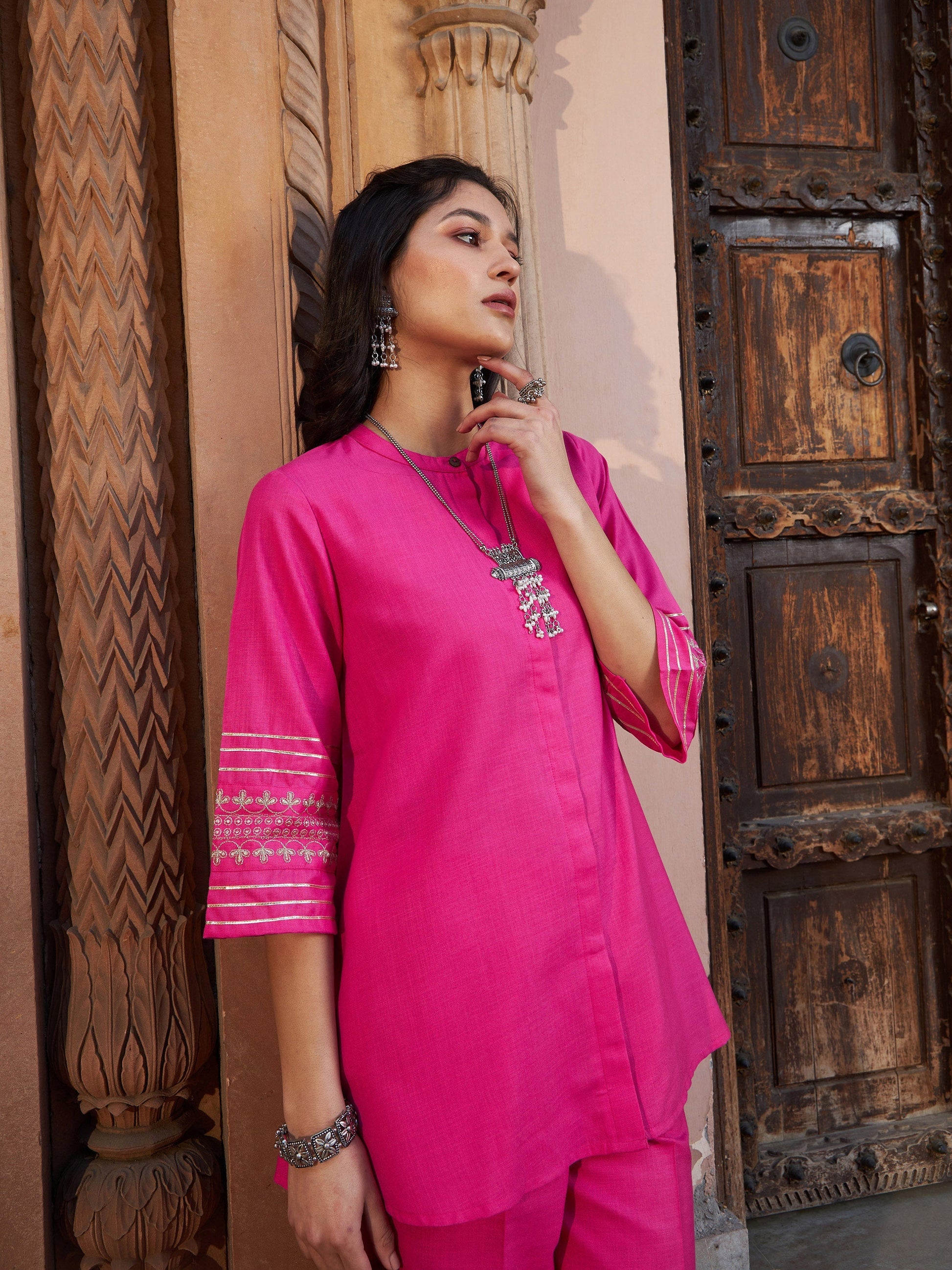 Fuchsia Embroidered Sleeve Shirt Kurti With Palazzos-Shae by SASSAFRAS