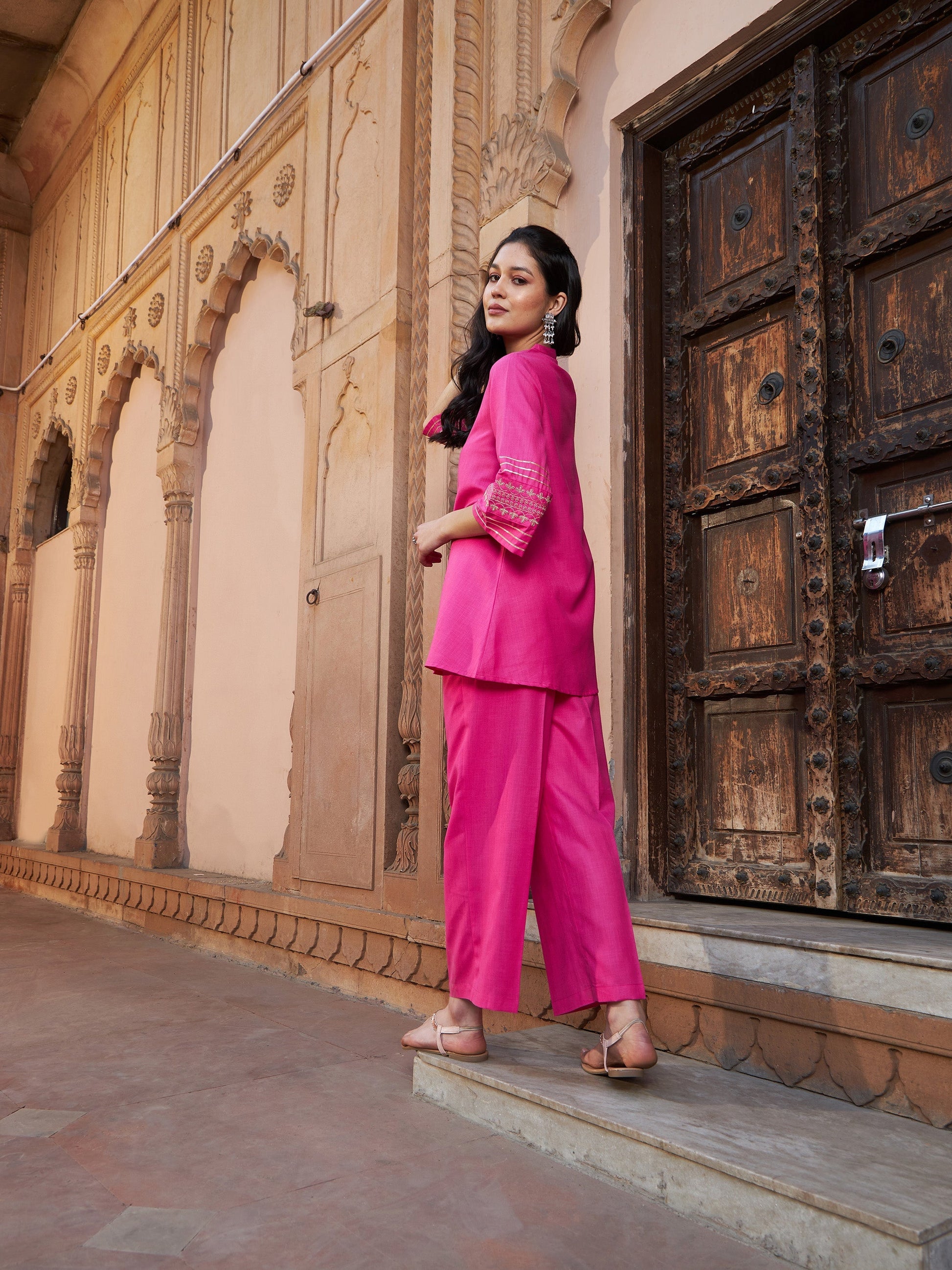 Fuchsia Embroidered Sleeve Shirt Kurti With Palazzos-Shae by SASSAFRAS