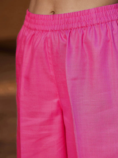 Fuchsia Embroidered Sleeve Shirt Kurti With Palazzos-Shae by SASSAFRAS