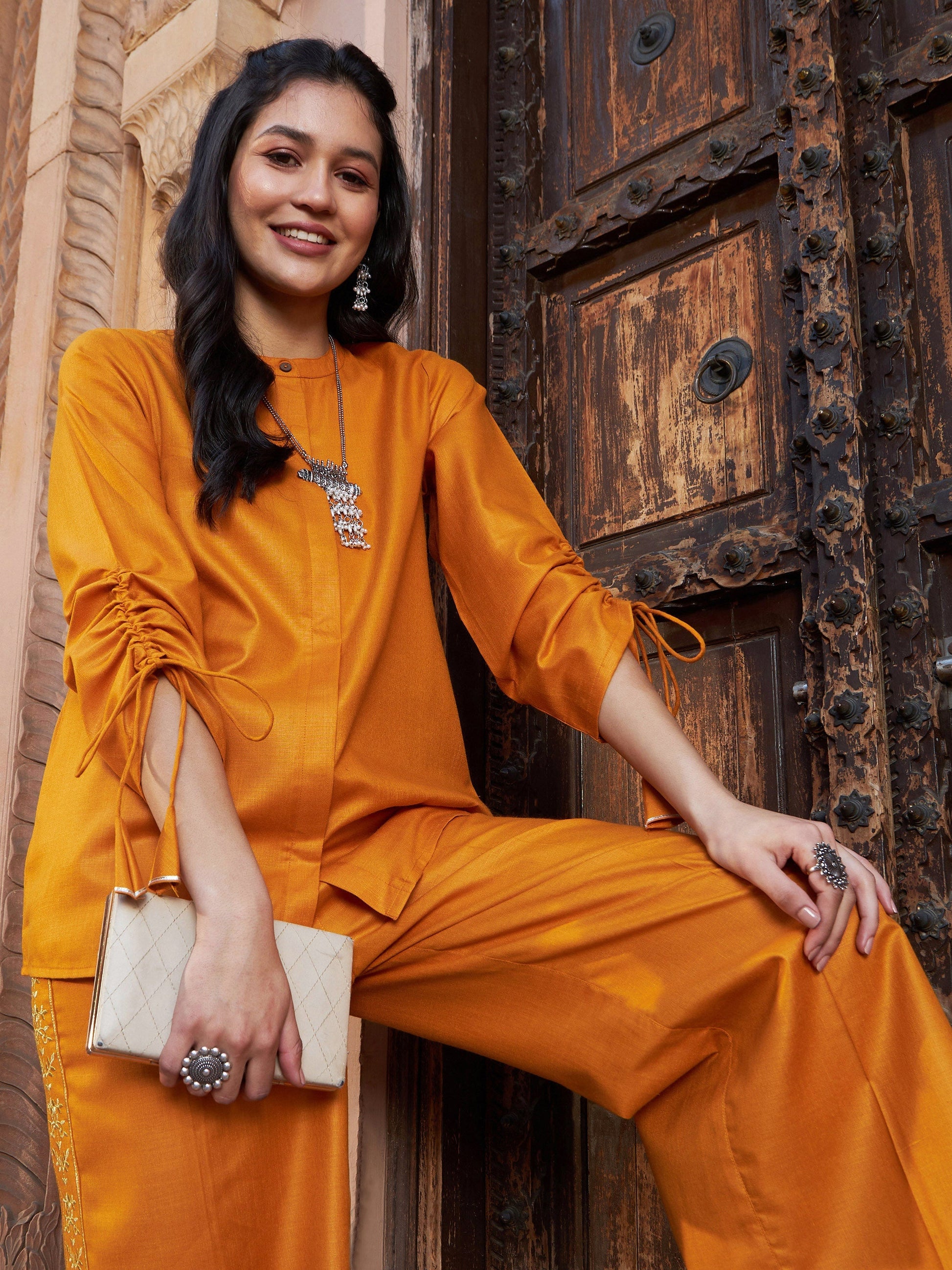 Mustard Ruched Sleeve Top With Embroidered Pants-Shae by SASSAFRAS