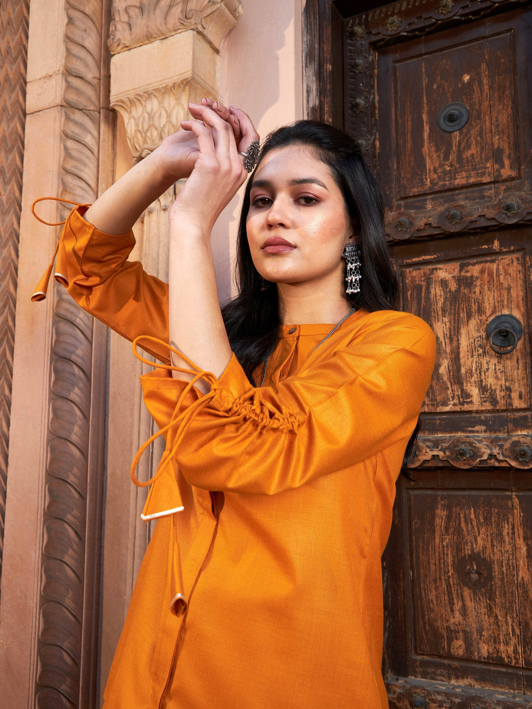 Mustard Ruched Sleeve Top With Embroidered Pants-Shae by SASSAFRAS
