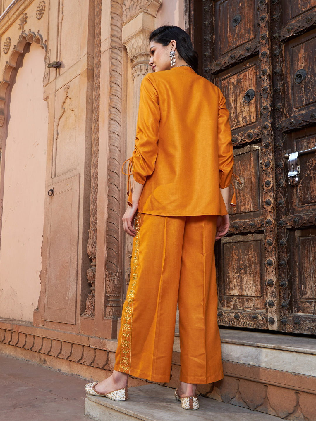 Mustard Ruched Sleeve Top With Embroidered Pants-Shae by SASSAFRAS