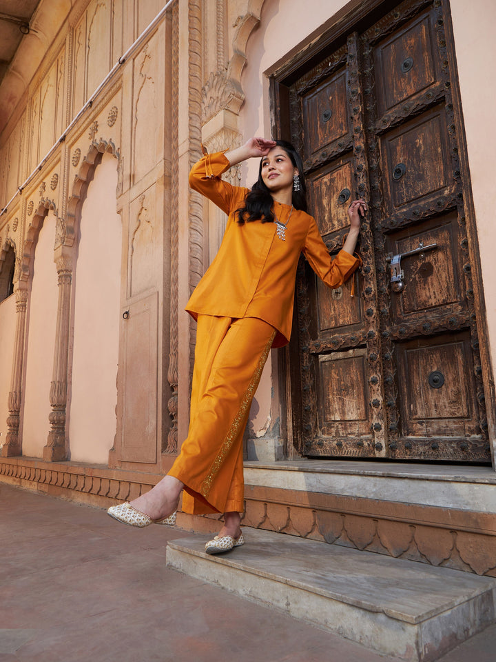 Mustard Ruched Sleeve Top With Embroidered Pants-Shae by SASSAFRAS