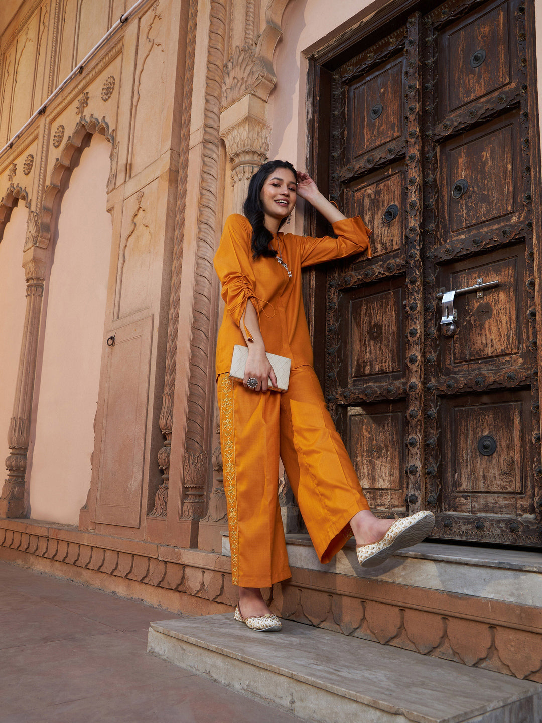 Mustard Ruched Sleeve Top With Embroidered Pants-Shae by SASSAFRAS