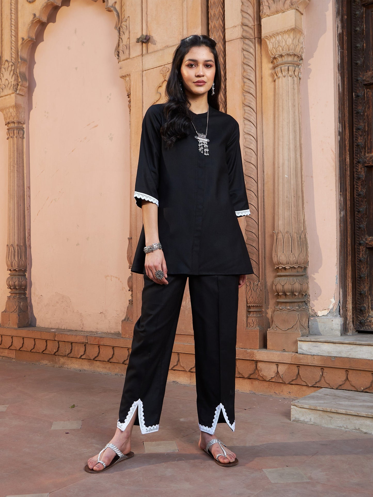 Black Lace Detail Short Kurti With Palazzos-Shae by SASSAFRAS