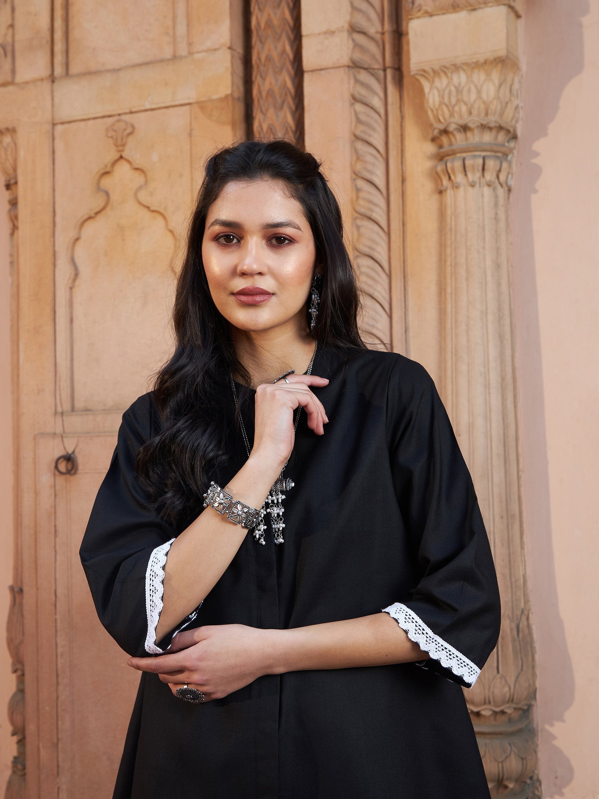 Black Lace Detail Short Kurti With Palazzos-Shae by SASSAFRAS