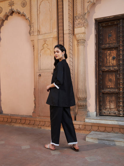 Black Lace Detail Short Kurti With Palazzos-Shae by SASSAFRAS