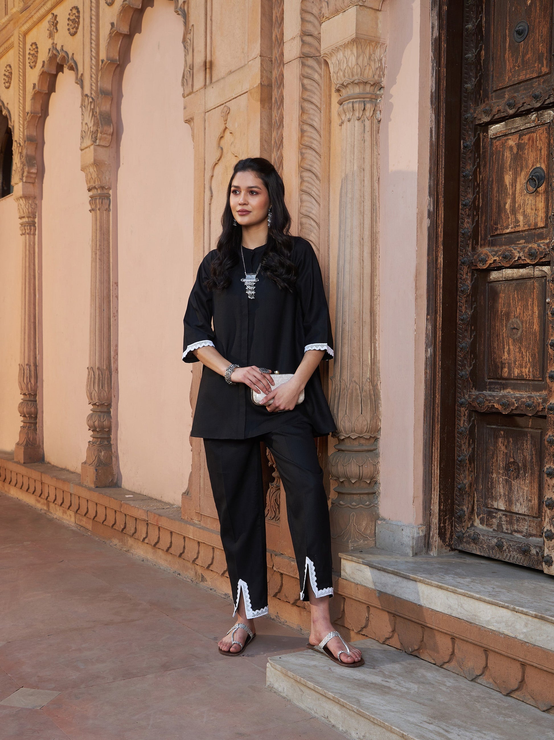 Black Lace Detail Short Kurti With Palazzos-Shae by SASSAFRAS