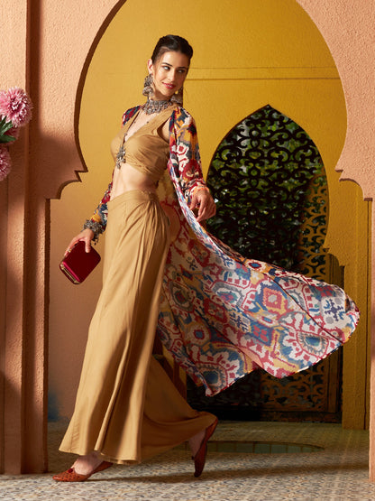 Brown Crop Top With Palazzo And Ikat Print Shrug