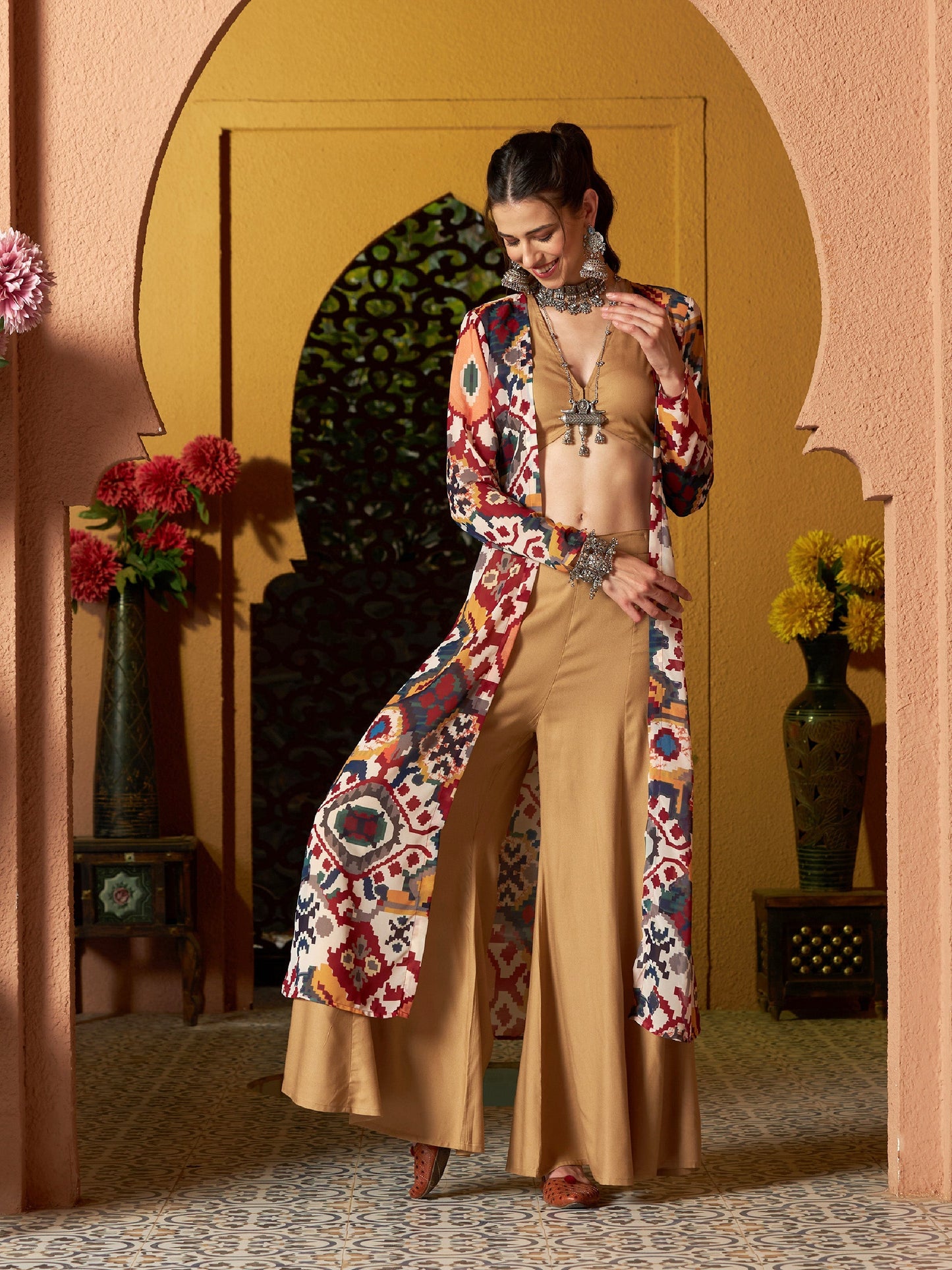 Brown Crop Top With Palazzo And Ikat Print Shrug