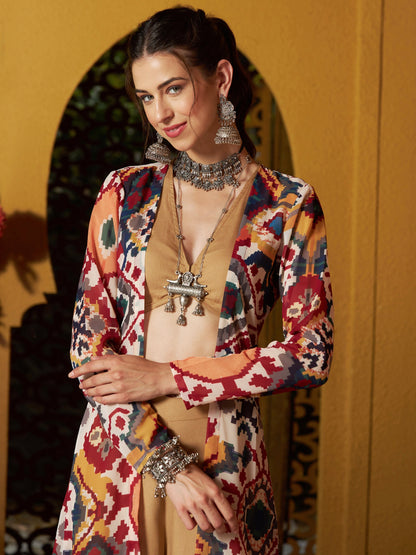 Brown Crop Top With Palazzo And Ikat Print Shrug