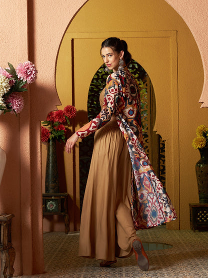 Brown Crop Top With Palazzo And Ikat Print Shrug