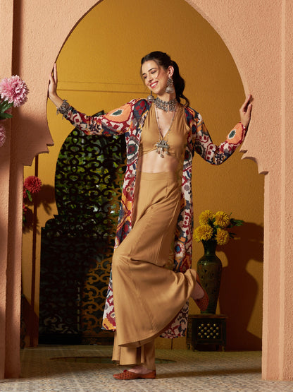 Brown Crop Top With Palazzo And Ikat Print Shrug