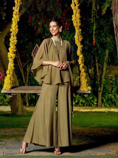 Olive Crop Top With Palazzo And Emb Asymmetric Shrug