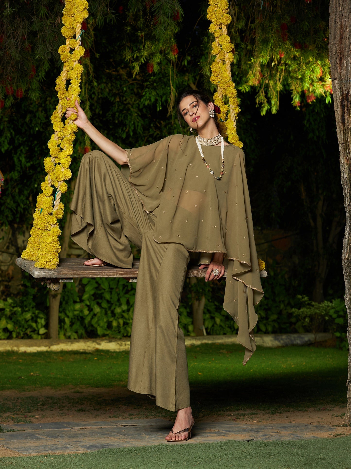 Olive Crop Top With Palazzo And Emb Asymmetric Shrug